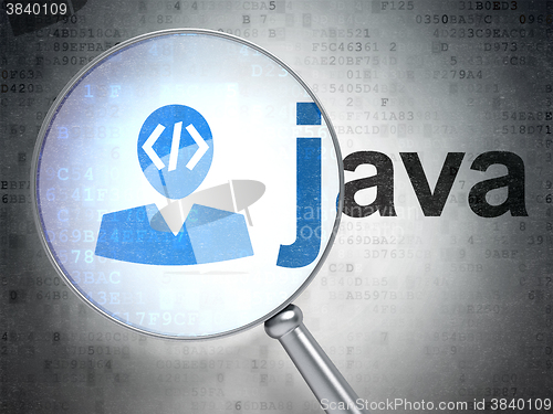 Image of Programming concept: Programmer and Java with optical glass