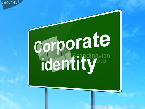 Image of Finance concept: Corporate Identity on road sign background