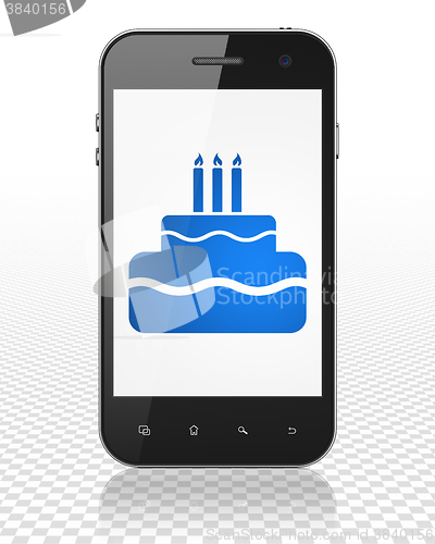 Image of Entertainment, concept: Smartphone with Cake on display
