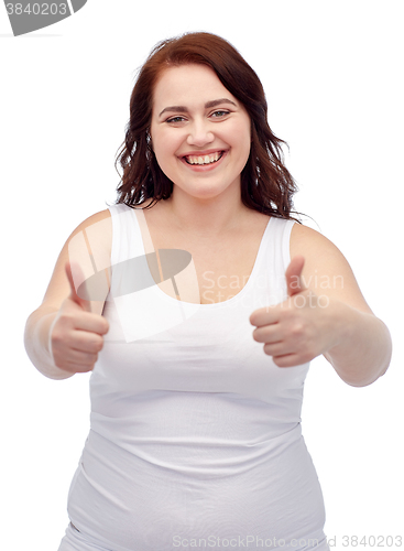 Image of plus size woman in underwear showing thumbs up