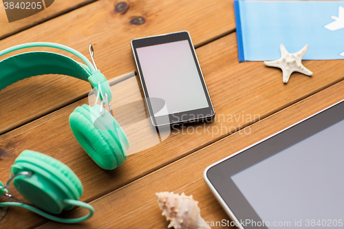Image of close up of smartphone and travel stuff