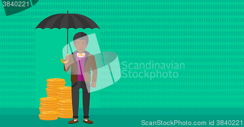 Image of Man with umbrella protecting money.