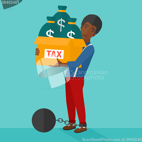 Image of Chained man with bags full of taxes. 