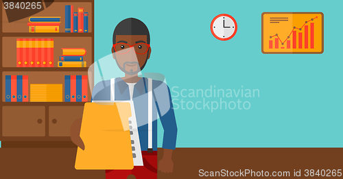 Image of Boss receiving file from employee.