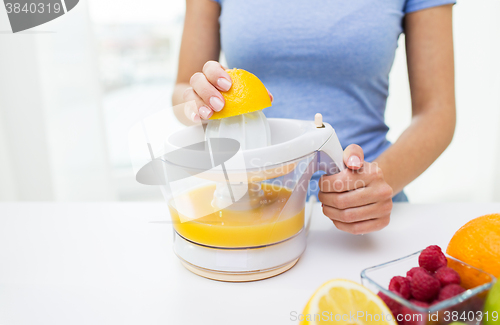 Image of close up of woman squeezing fruit juice at home