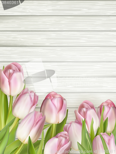 Image of Color tulips on wooden background. EPS 10