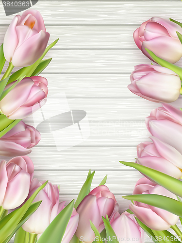 Image of Bouquet of tulips on a wooden background. EPS 10