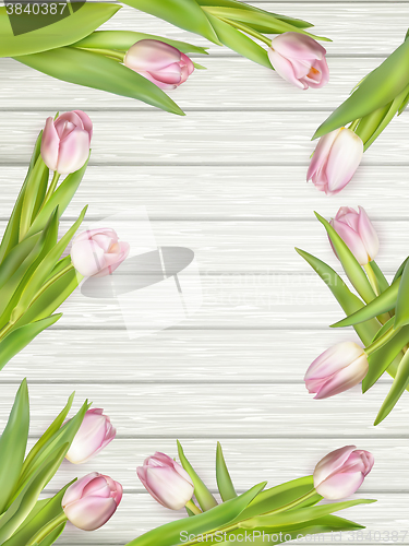 Image of Pink tulips over white wood. EPS 10 
