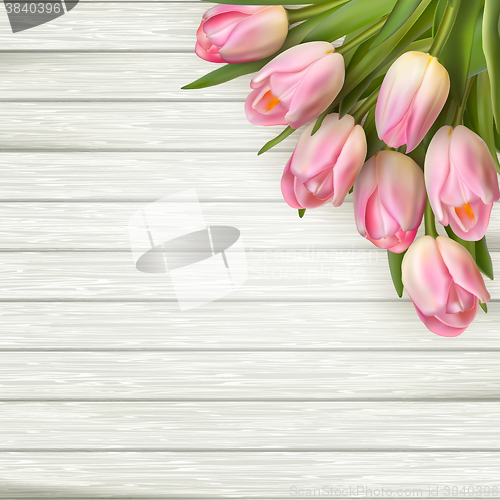 Image of Pink tulips on wooden background. EPS 10