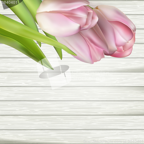 Image of Pink tulips over white wood. EPS 10