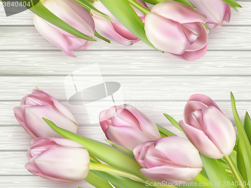 Image of Bouquet of tulips on a wooden background. EPS 10