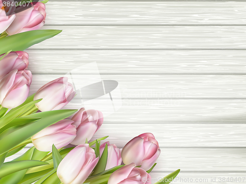 Image of Bouquet of tulips on a wooden background. EPS 10