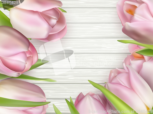 Image of Pink tulips on wooden background. EPS 10