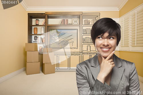 Image of Mixed Race Female In Room With Drawing of Entertainment Unit