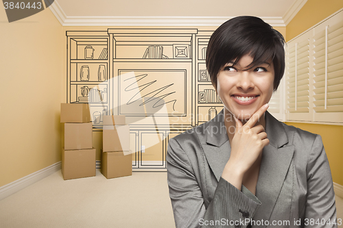 Image of Mixed Race Female In Room With Drawing of Entertainment Unit