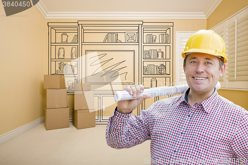 Image of Male Construction Worker In Room With Drawing of Entertainment U