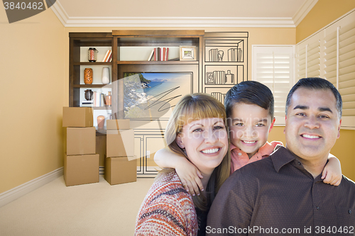 Image of Mixed Race Family In Room With Drawing of Entertainment Unit