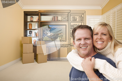 Image of Young Couple In Room With Drawing of Entertainment Unit On Wall