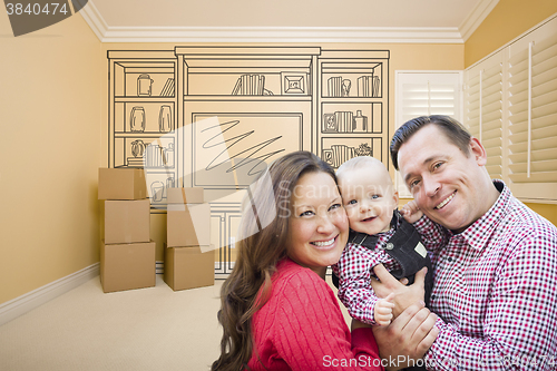 Image of Young Family In Room With Drawing of Entertainment Unit On Wall