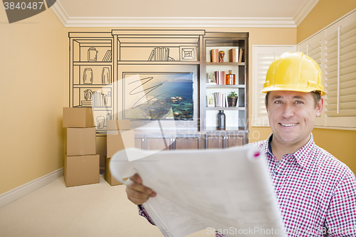 Image of Male Construction Worker In Room With Drawing of Entertainment U