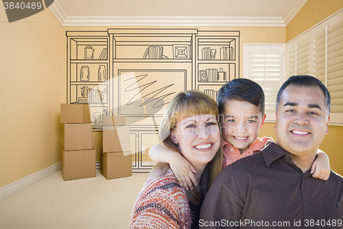 Image of Mixed Race Family In Room With Drawing of Entertainment Unit