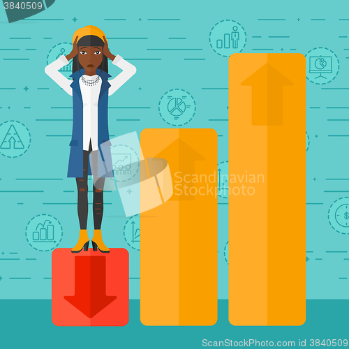 Image of Business woman standing on low graph.