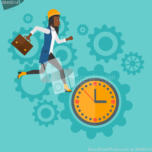 Image of Running woman on clock background.