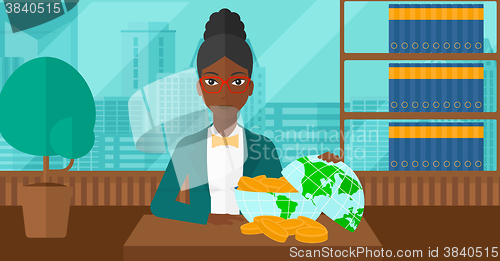 Image of Woman with globe full of money.