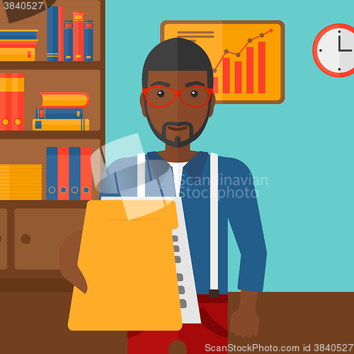 Image of Boss receiving file from employee.