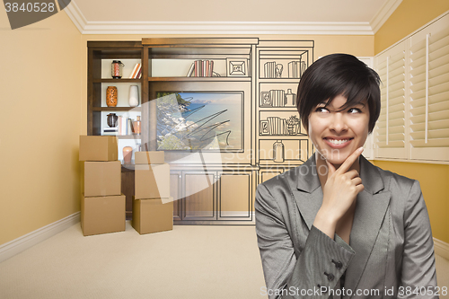 Image of Mixed Race Female In Room With Drawing of Entertainment Unit