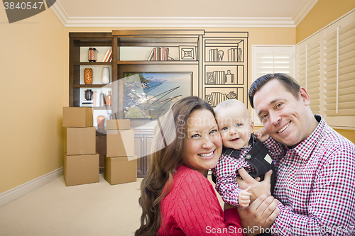 Image of Young Family In Room With Drawing of Entertainment Unit On Wall