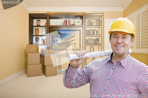 Image of Male Construction Worker In Room With Drawing of Entertainment U