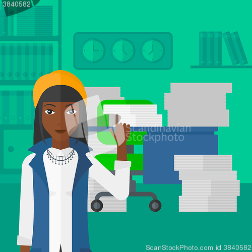 Image of Business woman pointing up with her forefinger.