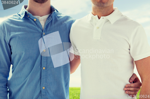 Image of close up of happy male gay couple hugging