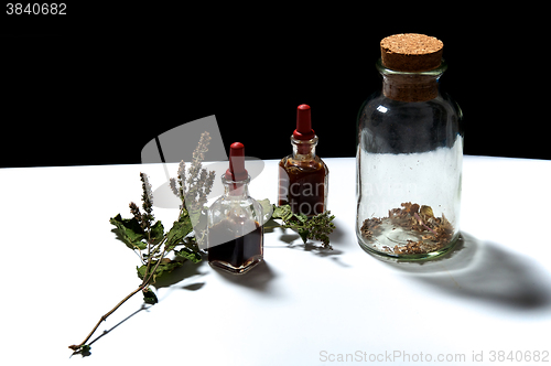 Image of three glass bottles with herbal extracts and dried herbs