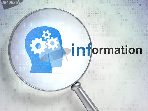 Image of Data concept: Head With Gears and Information with optical glass