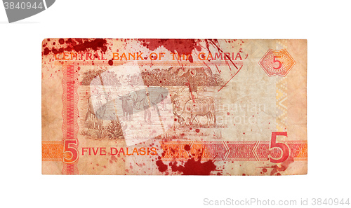 Image of 5 Gambian dalasi bank note, bloody