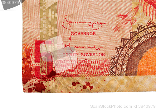 Image of 5 Gambian dalasi bank note, bloody