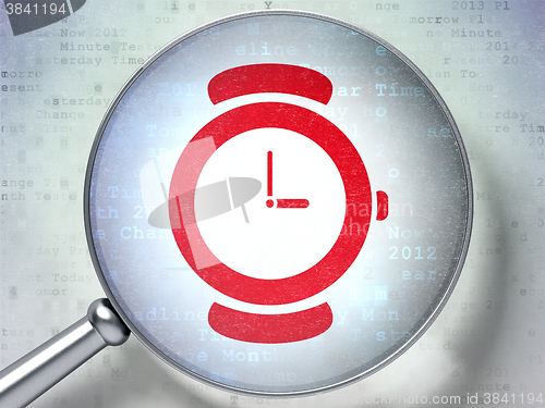 Image of Time concept: Watch with optical glass on digital background