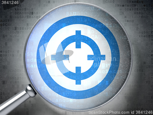 Image of Business concept: Target with optical glass on digital background
