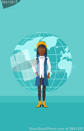 Image of Business woman standing on globe background.