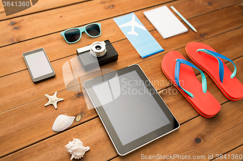 Image of close up of tablet pc and travel stuff