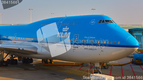 Image of KLM plane being loaded at Schiphol Airport. Amsterdam, Netherlands