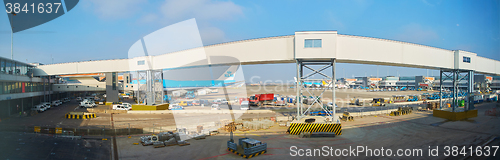 Image of KLM plane being loaded at Schiphol Airport. Amsterdam, Netherlands