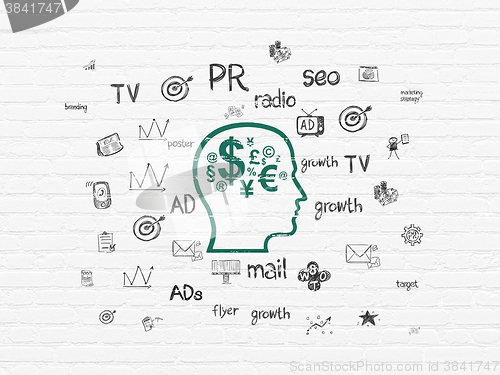 Image of Advertising concept: Head With Finance Symbol on wall background