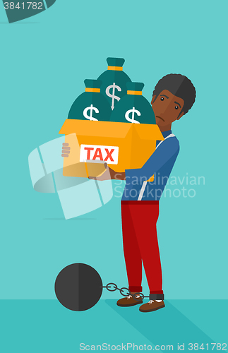 Image of Chained man with bags full of taxes. 