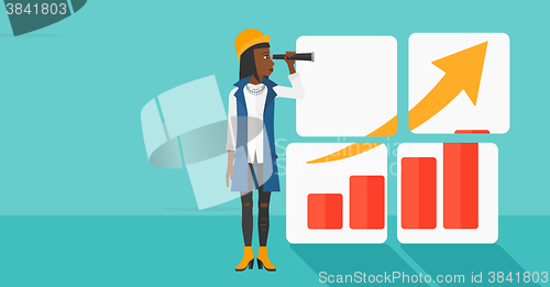 Image of Woman looking at positive bar chart.