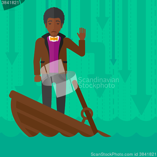 Image of Businessman standing in sinking boat.