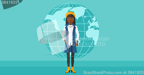 Image of Business woman standing on globe background.