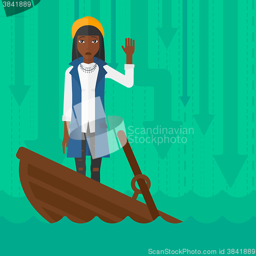 Image of Business woman standing in sinking boat.